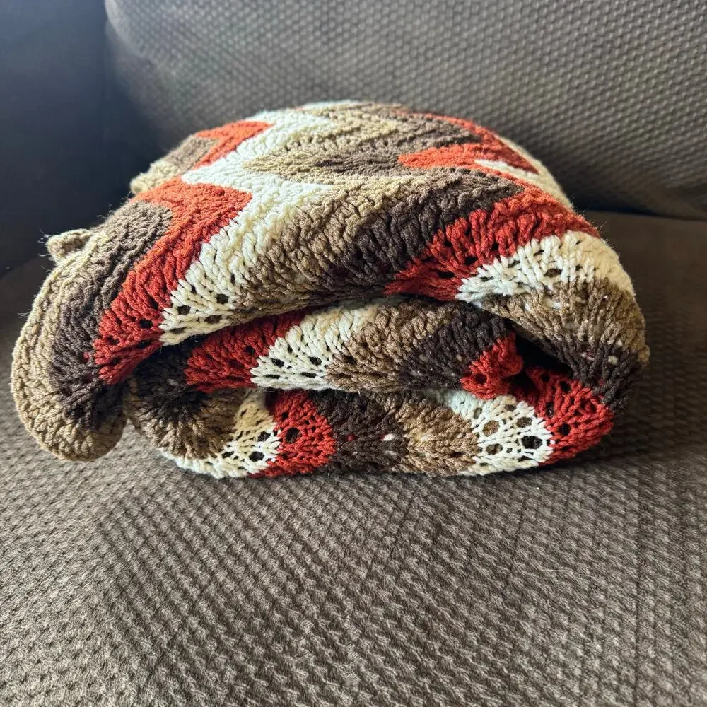 Handmade Crochet Afghan Throw Blanket  Rustic-Toned Yarns Chevron Ripple Pattern